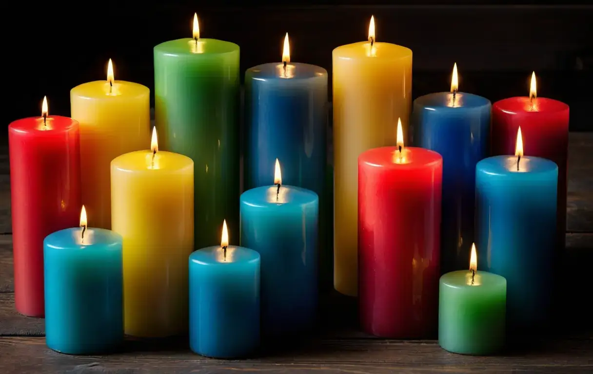 Colorful paraffin pillar candles of varying heights arranged on a dark wooden surface, with one lit candle in the center.