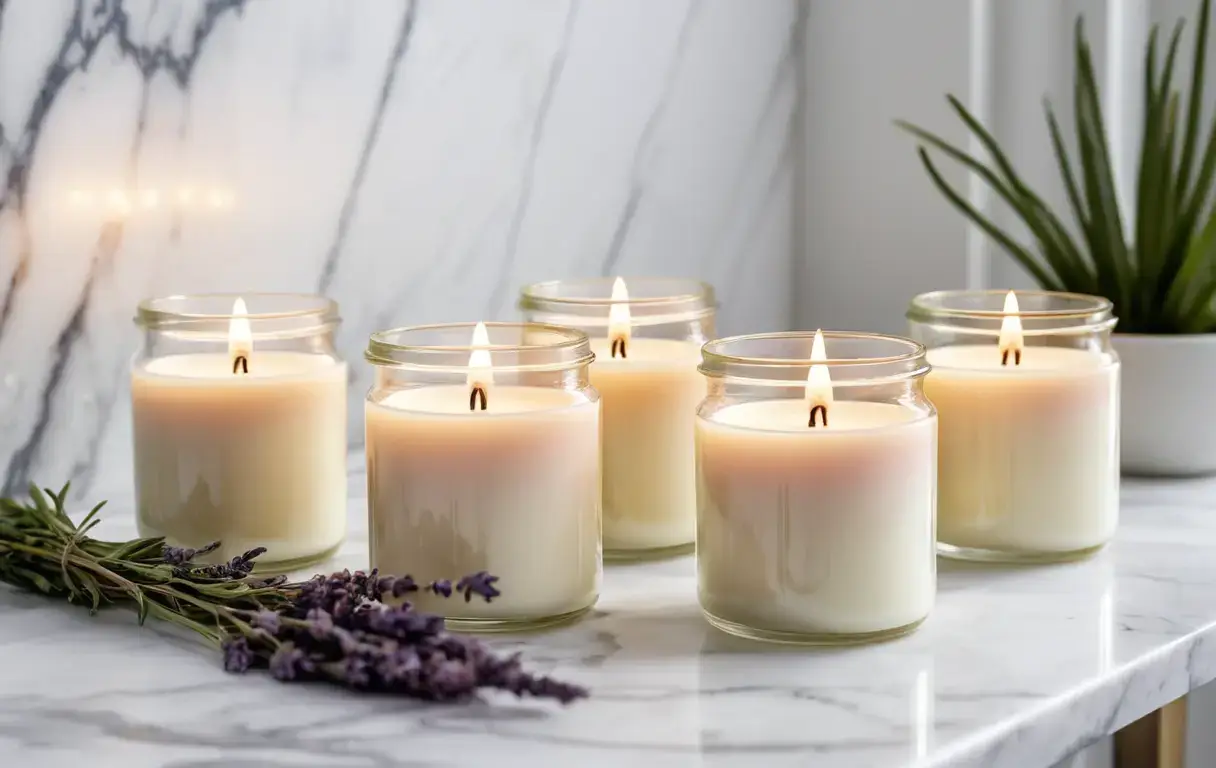 Soy wax candles in clear glass jars on a white marble surface, some with visible botanical elements, bathed in natural light.