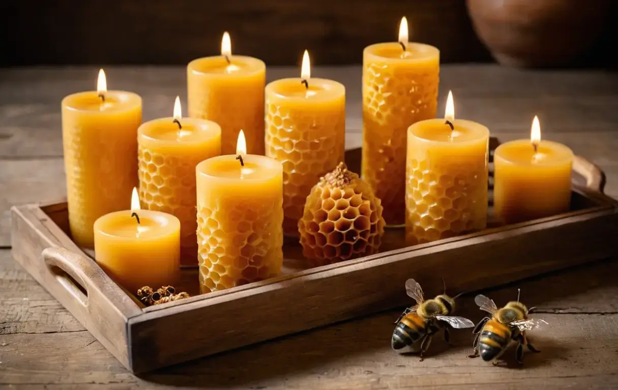 Golden beeswax candles in various shapes on a rustic wooden tray, showcasing their honeycomb texture and warm color.