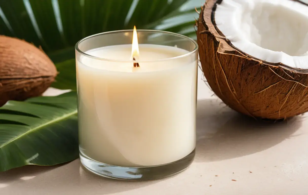 A burning coconut wax candle in a glass vessel on a tropical leaf, surrounded by coconut shells and flakes, with a blurred beach background.