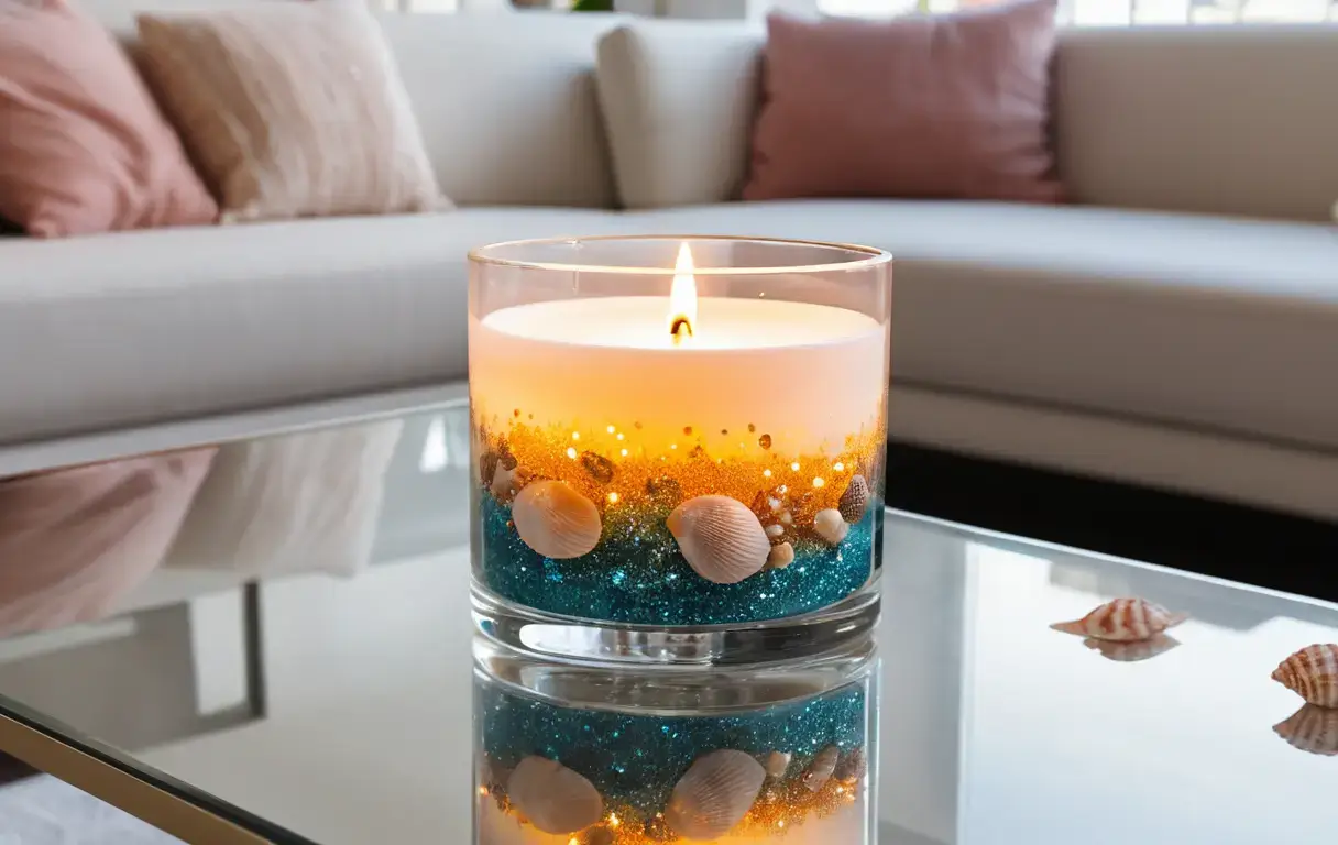 Close-up of a gel candle with embedded seashells and glitter, featuring a floating flame effect.