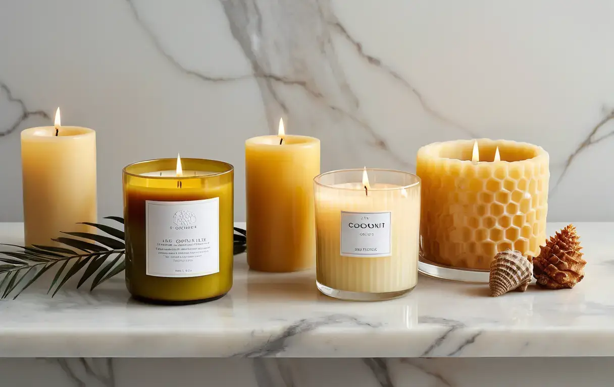 An elegant display of five different types of candles - paraffin, soy, beeswax, coconut wax, and palm wax - arranged on a marble surface with decorative props, showcasing their unique characteristics.