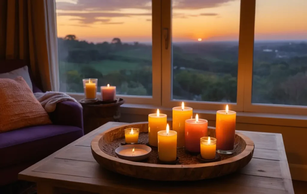 A cozy living room at dusk, illuminated by five different types of lit candles on a wooden coffee table. The warm glow highlights a comfortable armchair and bookshelf, with a sunset visible through the window, creating a serene atmosphere.