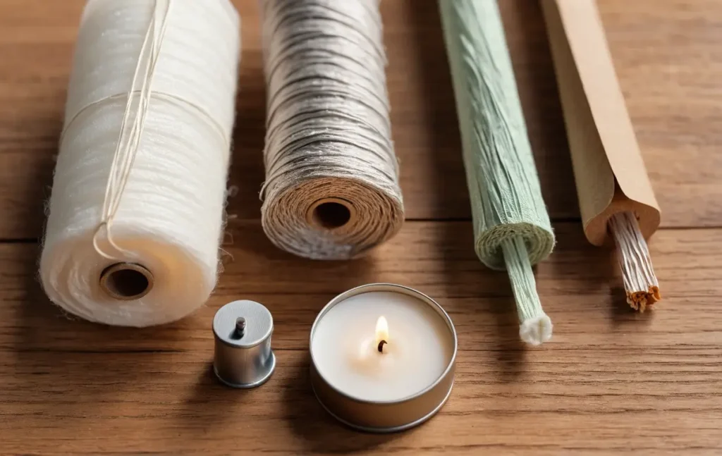 Close-up comparison of cotton, wood, zinc-core, and paper candle wicks."