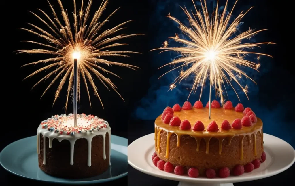 Comparison of safe low-spark candles versus intense firework-style sparklers on cakes.