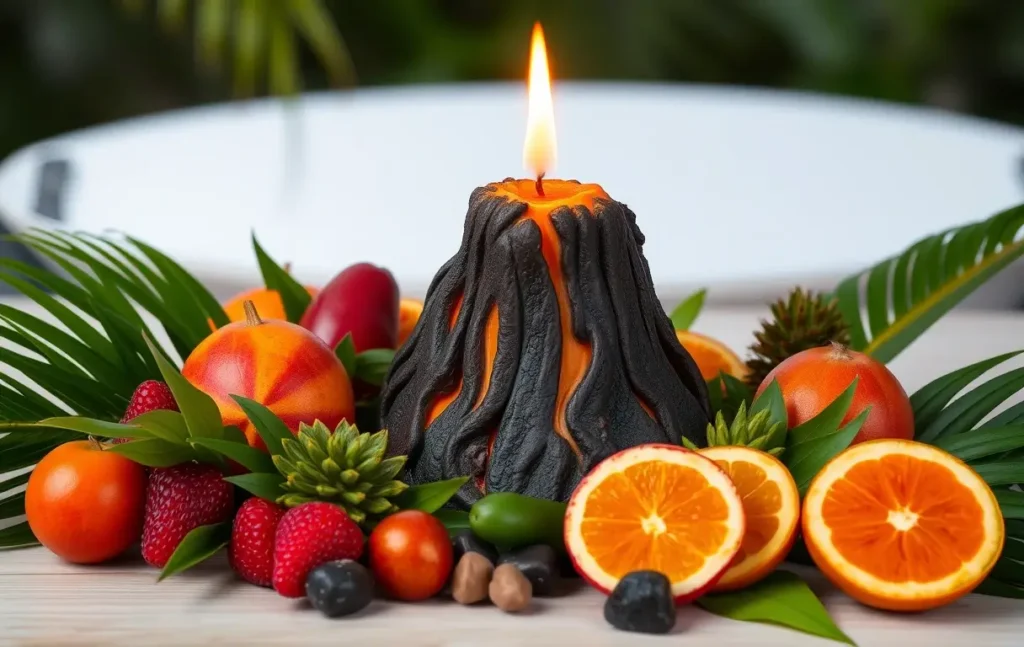 Volcano candle surrounded by tropical fruits and greenery in a tropical-themed setting.