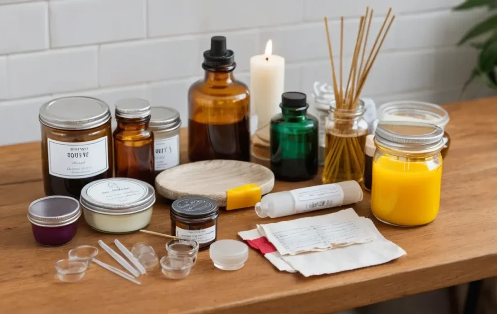 Well-organized candle-making kit with essential items like wax, wicks, and fragrance oils.