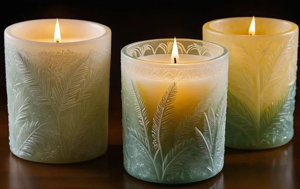 A lit palm wax candle showcasing its beautiful crystalline patterns in a cozy setting.