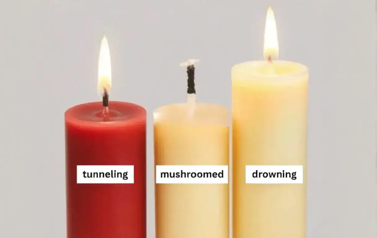 Three candles displaying common wick problems: tunneling, mushrooming, and drowning, with labels identifying each issue.