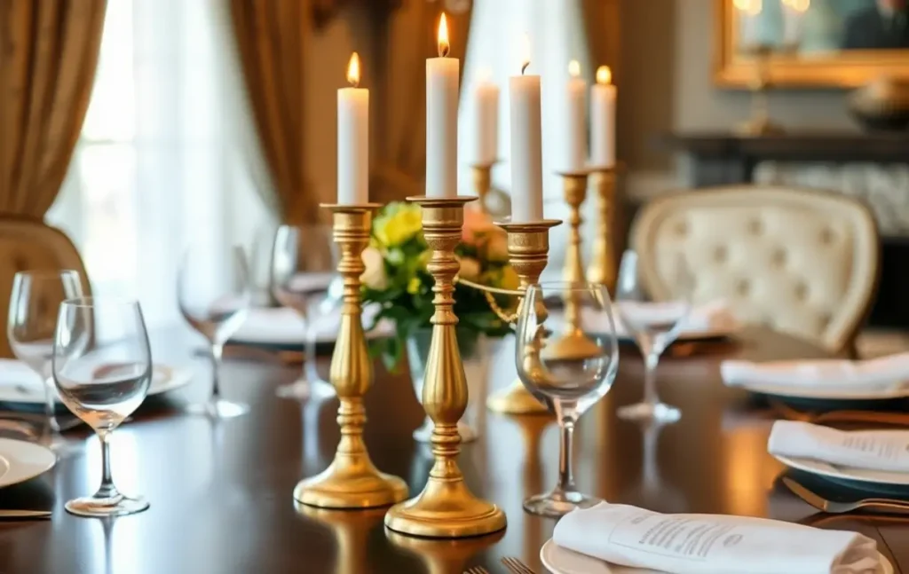 Different styles of brass candlesticks create visual interest and elevate home decor.