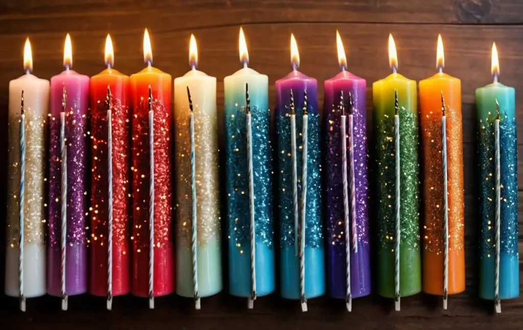 Different types of sparkler candles, including wire-based and wax options, with burn times labeled.