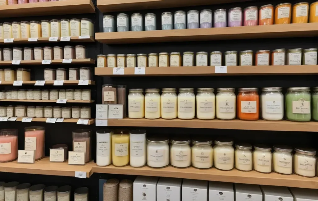 Different candle-making kits displayed on a shelf, showing variety and pricing.