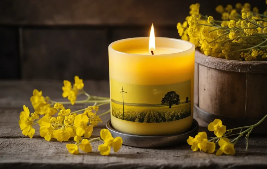 A rapeseed candle burning in a rustic environment surrounded by rapeseed flowers.