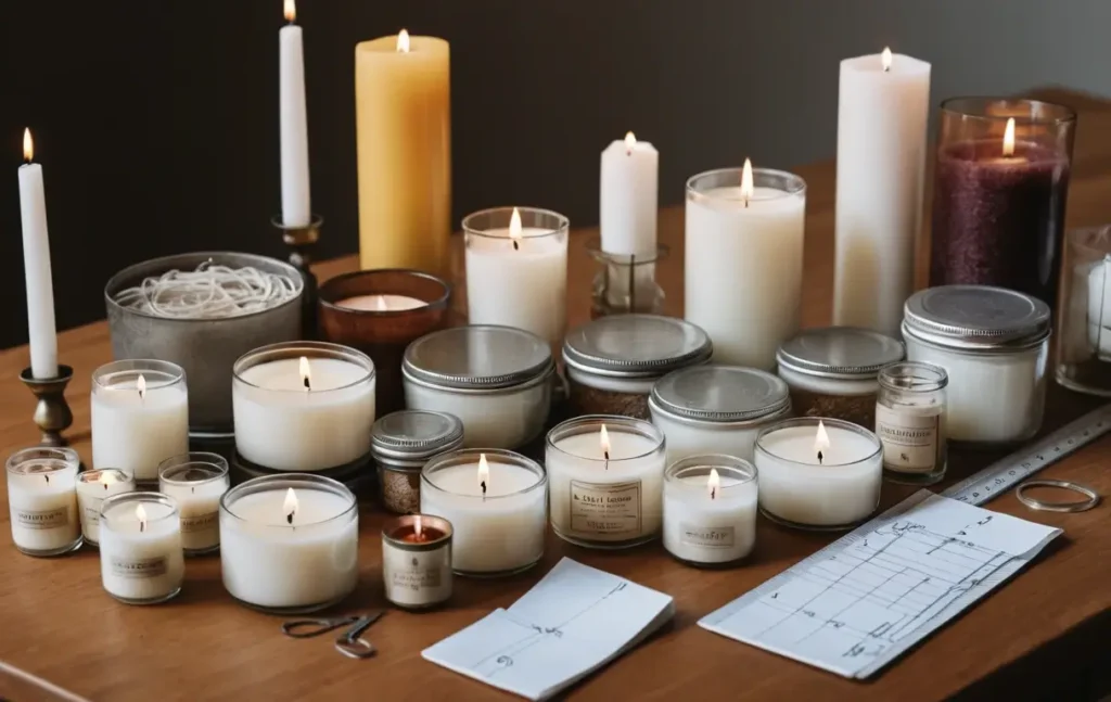 Various candles showing different wick sizes according to candle diameter, from small tea lights to large jar candles.