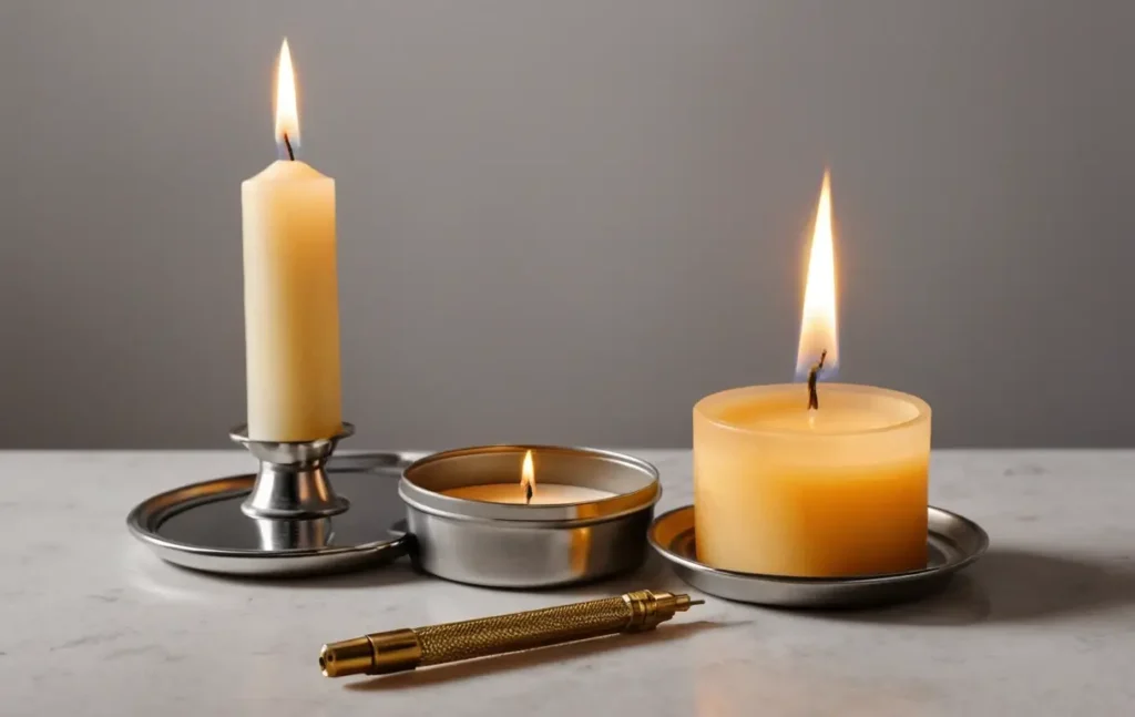 A pair of specialized wick trimmers in action, carefully trimming the wick of a burning candle to the correct length. The background shows a well-kept, cozy space.