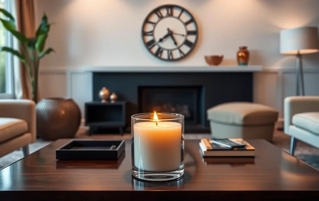 Large volcano candle on a coffee table, lit and casting a cozy glow with a clock symbolizing its long burn time.