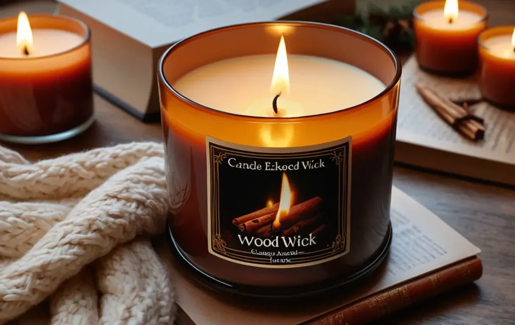 A cozy wood wick candle flickering in a warm, inviting atmosphere.