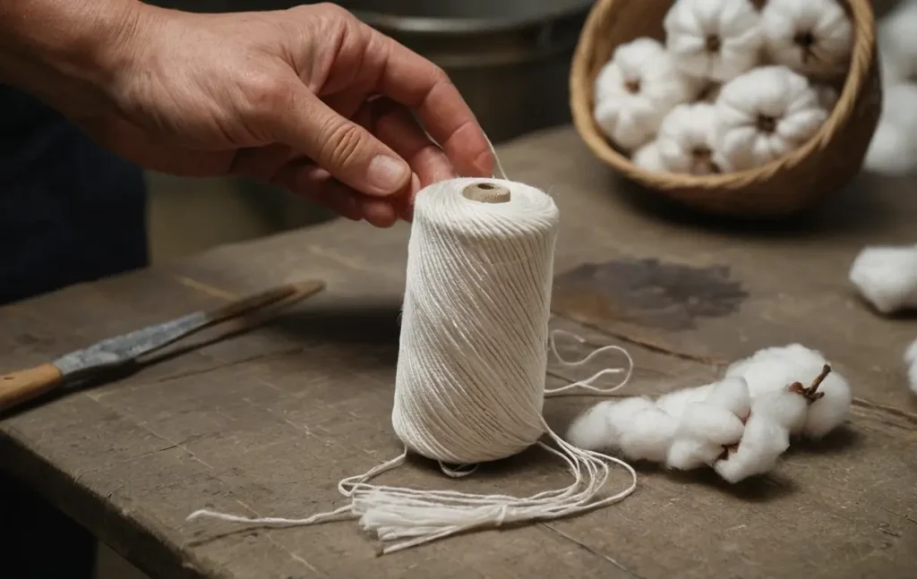 Step-by-step process of DIY candle wick making, including soaking in borax solution, drying, and dipping in wax