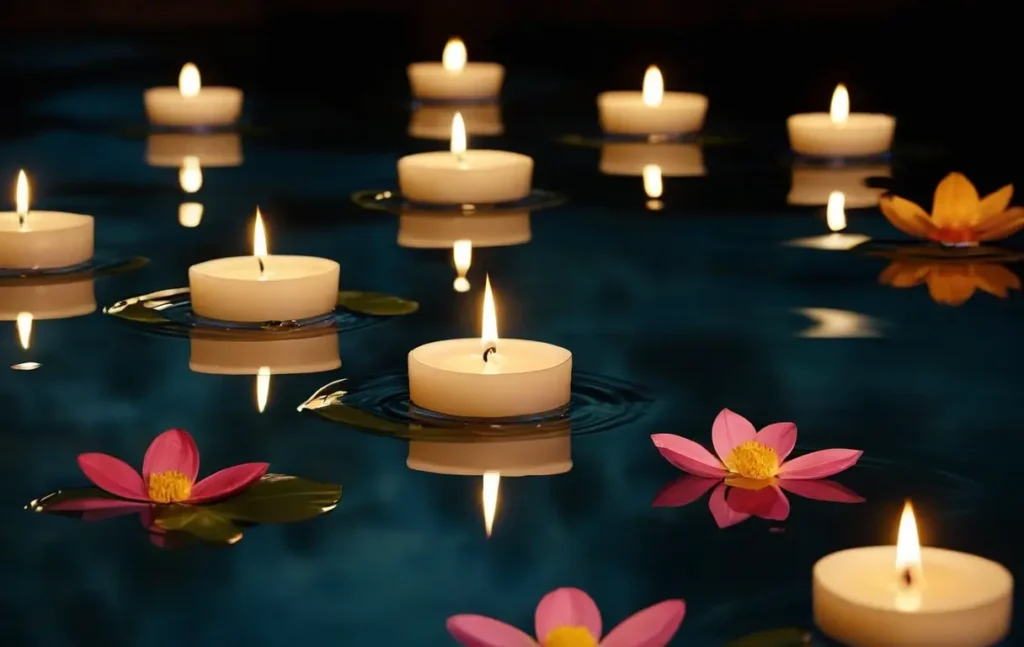 Floating candles illuminating water with a magical glow and decorative elements.