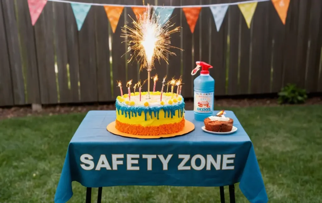 A sparkler safety zone at a birthday party with a flame-resistant tablecloth and water bucket.