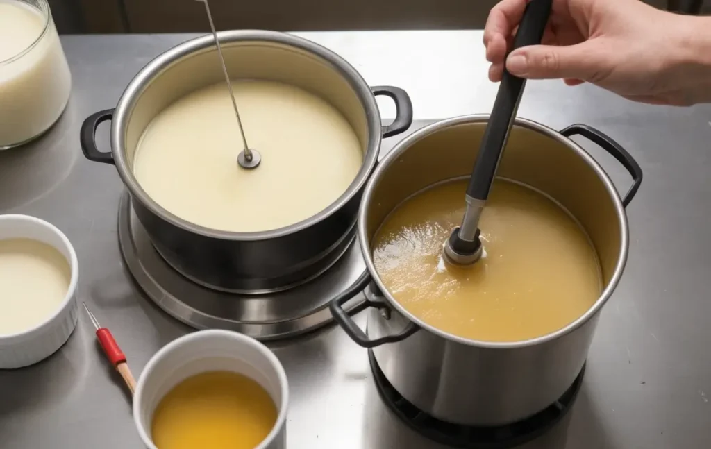 Person melting soy wax in a double boiler with a thermometer in hand, ready for candle-making.