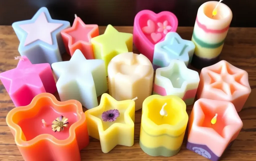 Colorful DIY candles in fun shapes, created with silicone molds, featuring layered colors and dried flowers.