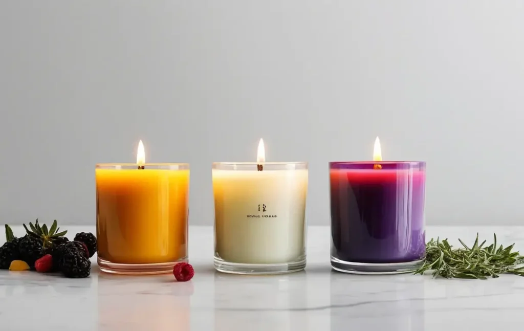 A split-image showing scented candles with colorful elements on one side and elegant unscented candles on the other.