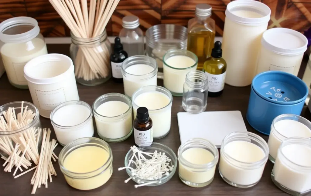 DIY candle-making station with wax, wicks, and fragrance oils, with someone pouring wax into a container."