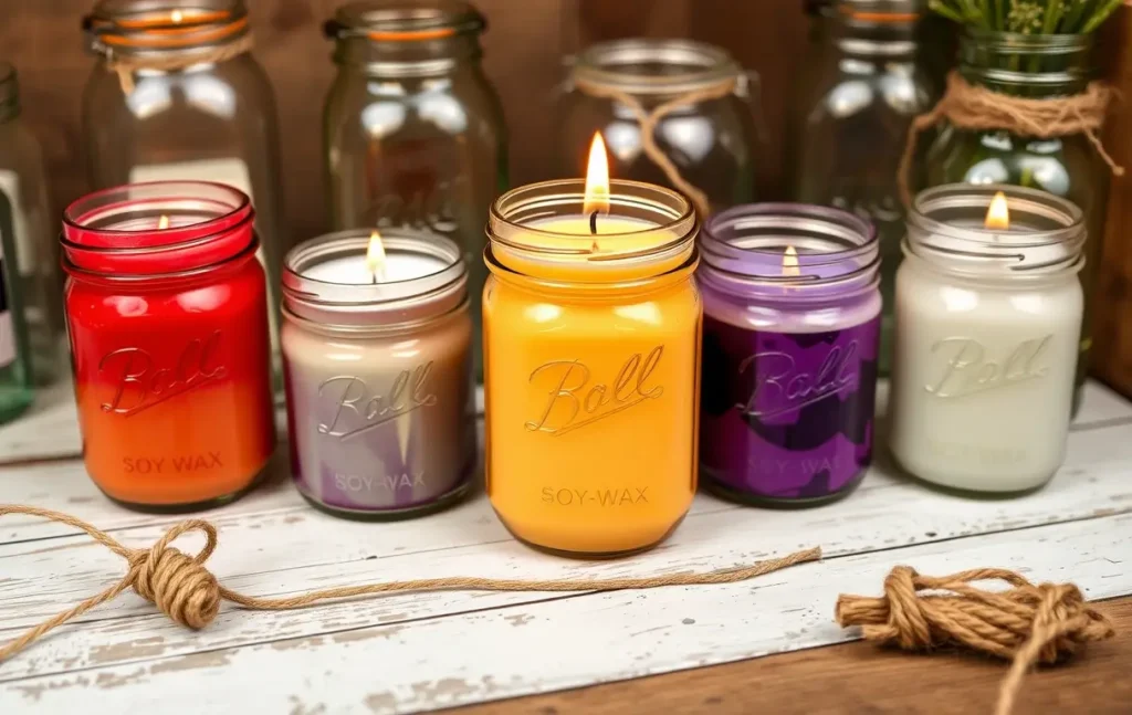 Eco-friendly candles made in upcycled mason jars using soy wax and natural dyes.