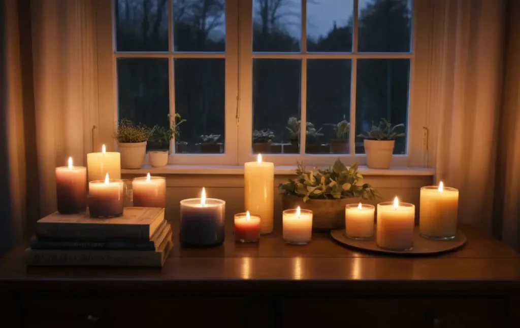 A cozy living room with soft candlelight illuminating the space, featuring various candle types.