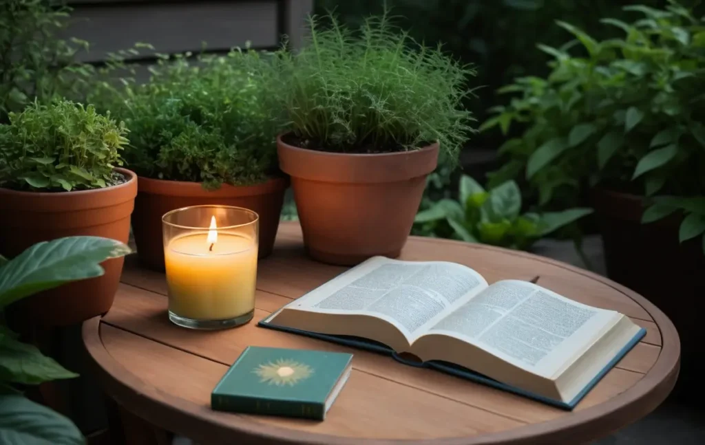 Nighttime scene with a citronella candle illuminating an outdoor space.