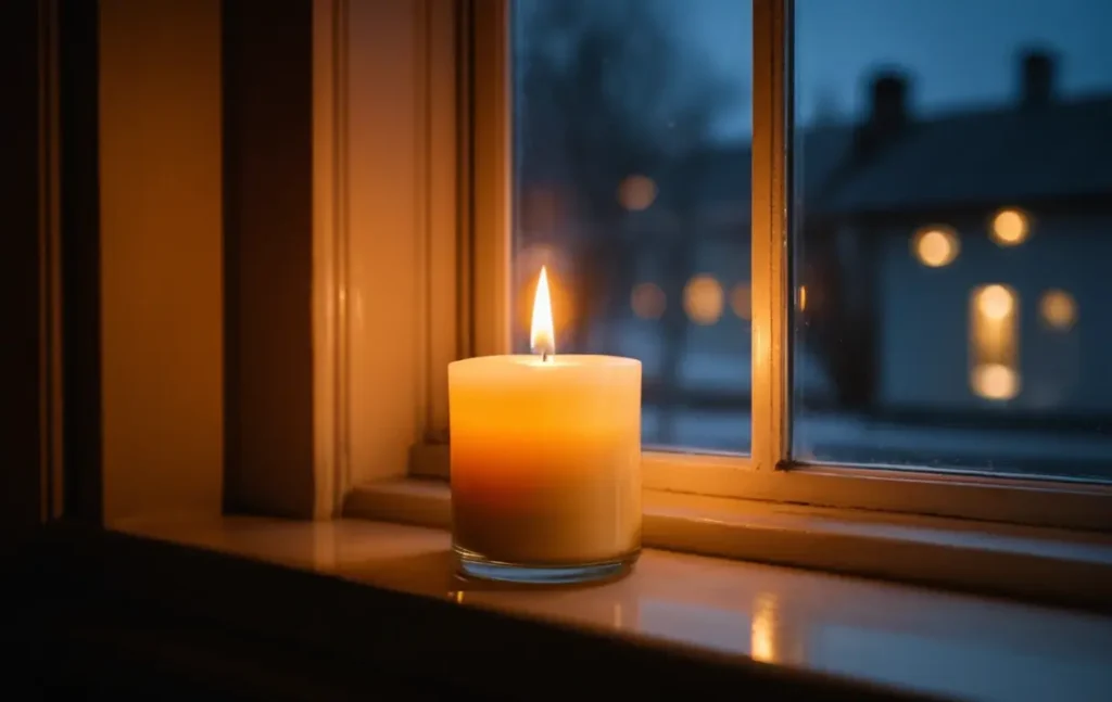 A variety of lit candles on a shelf, creating a warm and inviting ambiance.