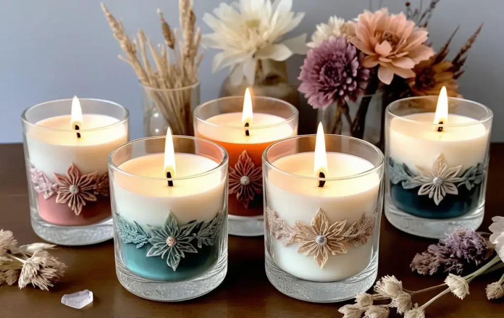 Finished soy wax candles with creative designs – Ultimate Guide to Soy Wax Candle Making 2024.