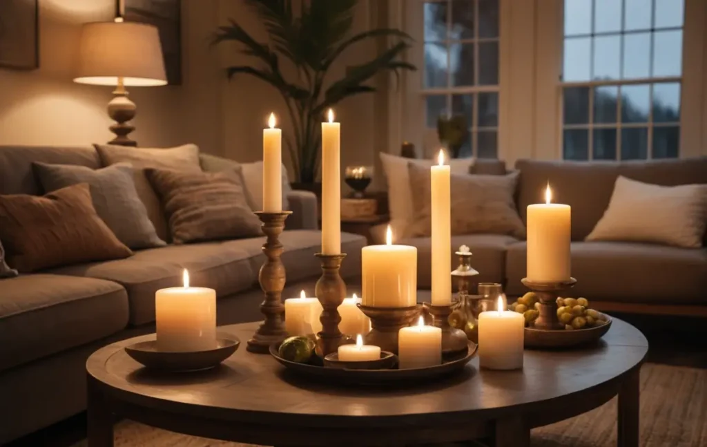 Living room with pillar candle holders creating warm, inviting ambiance