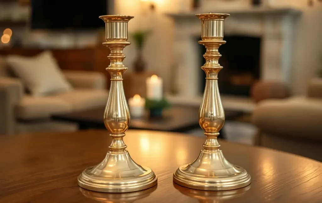 Gleaming brass candlesticks elevate home decor, creating a warm and inviting atmosphere.