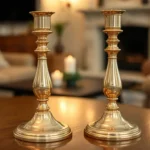 Gleaming brass candlesticks elevate home decor, creating a warm and inviting atmosphere.