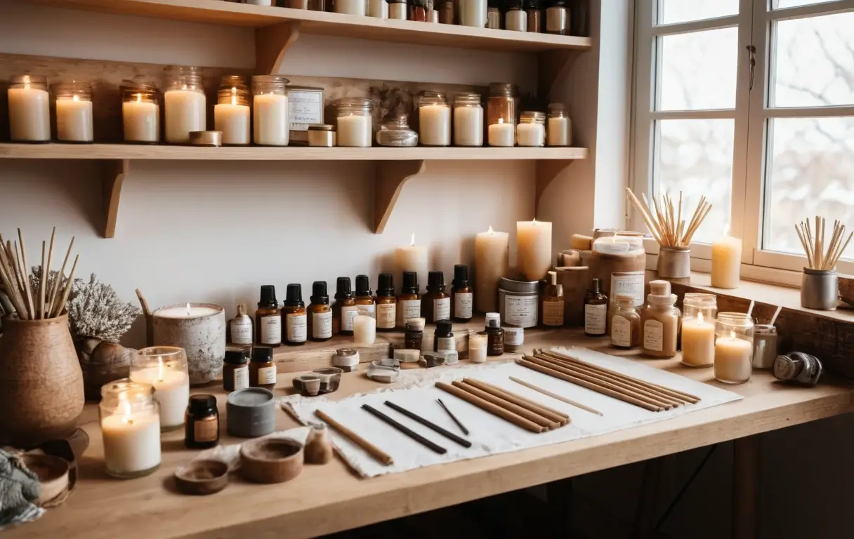 Cozy DIY workspace with candle-making supplies laid out neatly, including wax, wicks, and molds.