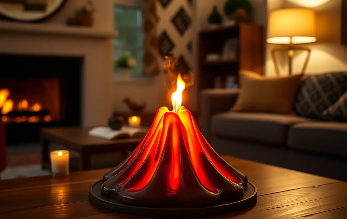 Lit volcano candle with multiple wicks, casting a soft, warm glow in a cozy living room.