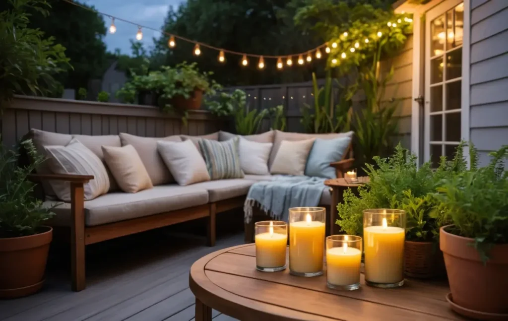 Outdoor patio with glowing citronella candles for mosquito-free relaxation.