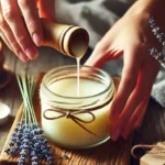 Pouring melted soy wax into a glass jar with natural decor – Ultimate Guide to Soy Wax Candle Making 2024.