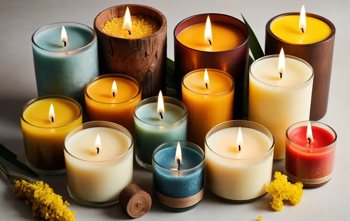 A beautiful arrangement of various types of candles in a warm and inviting setting, representing the diverse candle world.