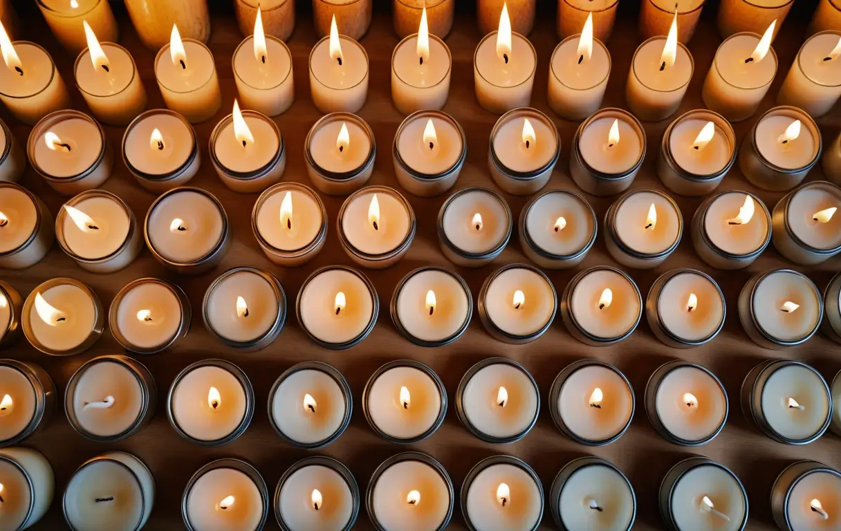 A variety of candle wicks and unlit candles showcasing different types like cotton, wood, and zinc-core wicks.