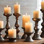 Warm, cozy setting with different styles of pillar candle holders