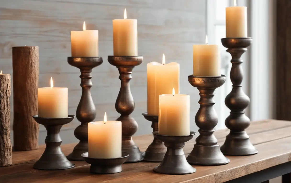 Warm, cozy setting with different styles of pillar candle holders