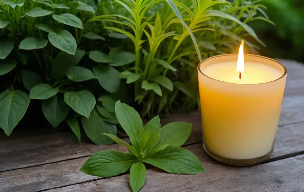 Close-up of a citronella candle for mosquito repellent in outdoor space.