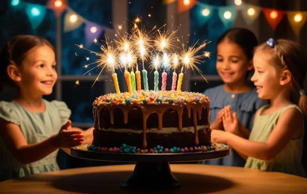 Magical cake with sparkler candles glowing softly at a children’s birthday party.