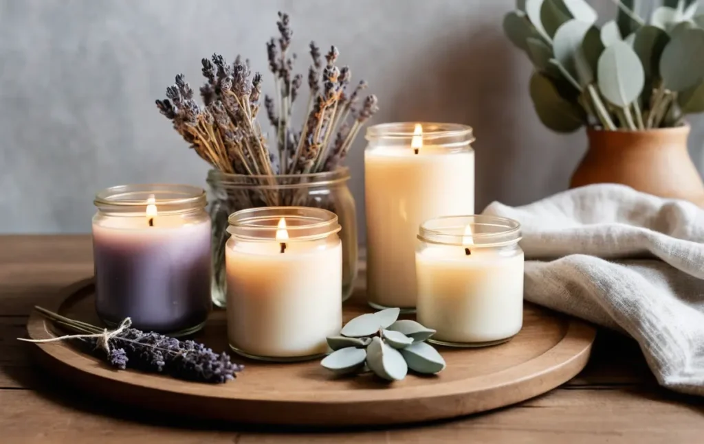 Handmade soy wax candles with natural decor – Guide to Soy Wax Candle Making 2024."