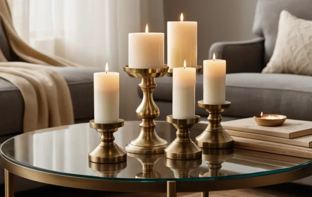 Close-up of pillar candle holders with soft candlelight in home decor