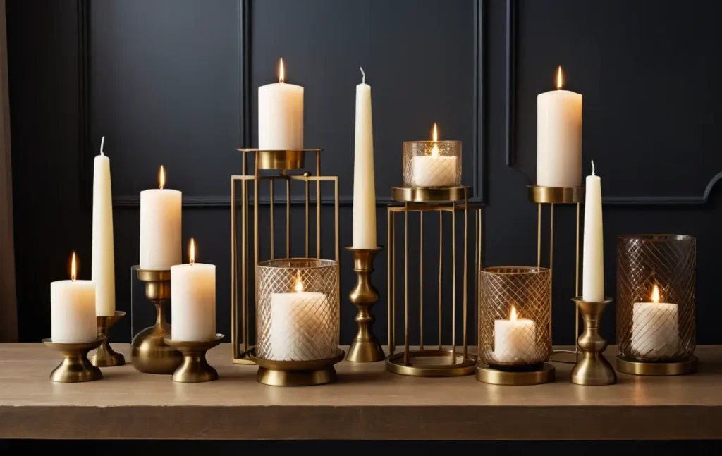 Display of different styles of pillar candle holders for home decor